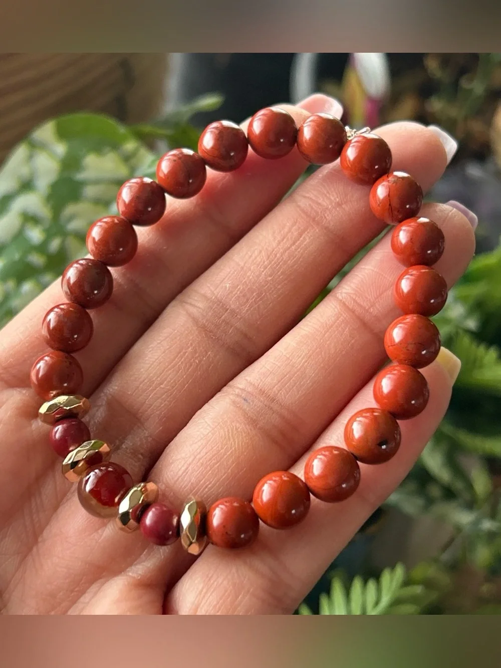 Red Jasper + Carnelian Beaded Stretch Bracelet with Gold Accents